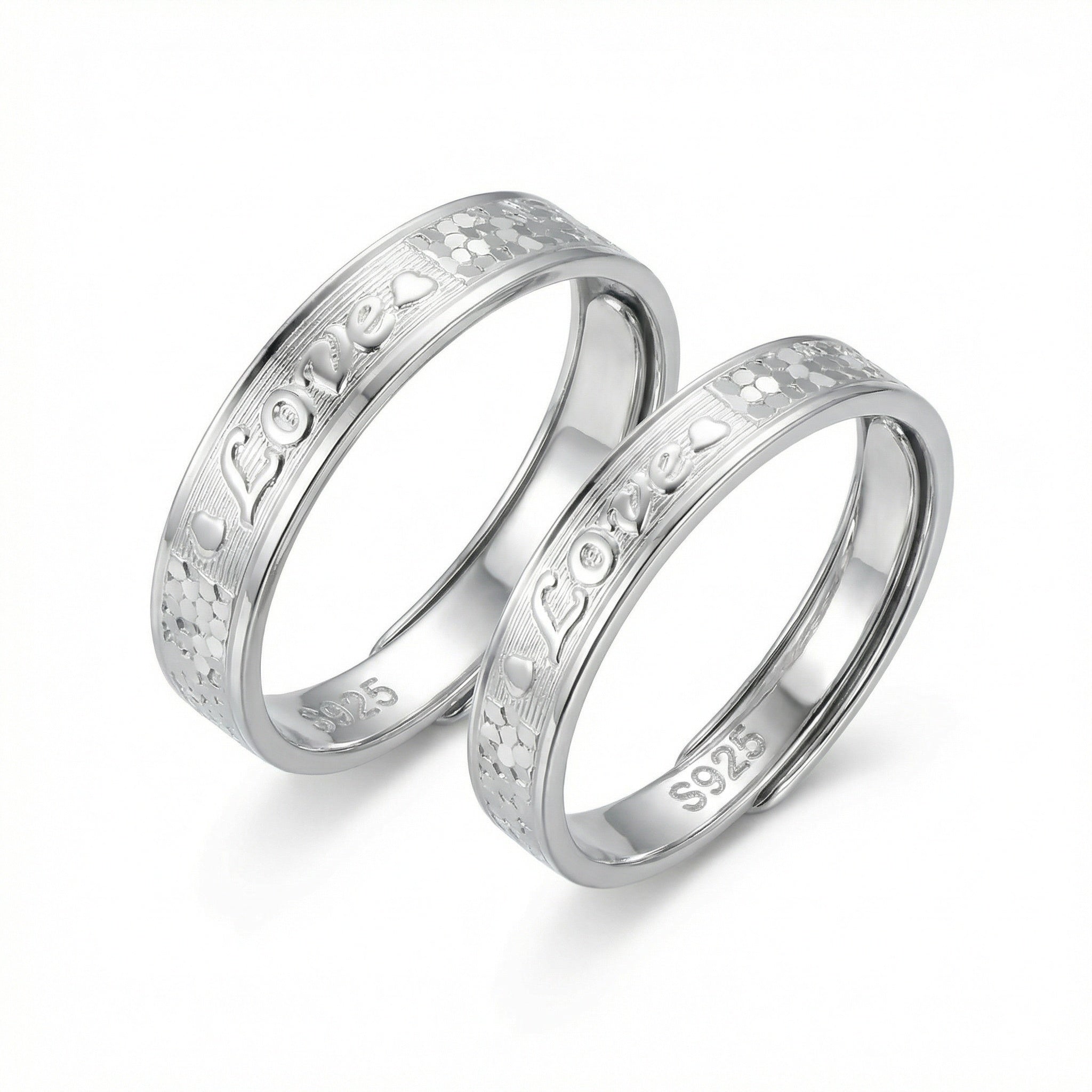 925 Sterling Silver Romantic Silver Couple Rings with "Love" and Heart Engravings