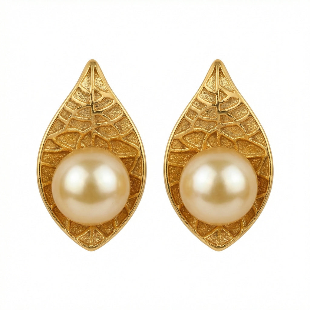 925 Sterling Silver Elegant Nature-Inspired Teardrop Pearl Studs with Intricate Textured Metallic Detailing