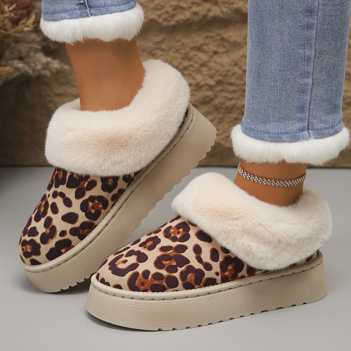 New Stylish And Chic Leopard-print French-style Velvet-lined Warm Thick-soled Cotton Shoes