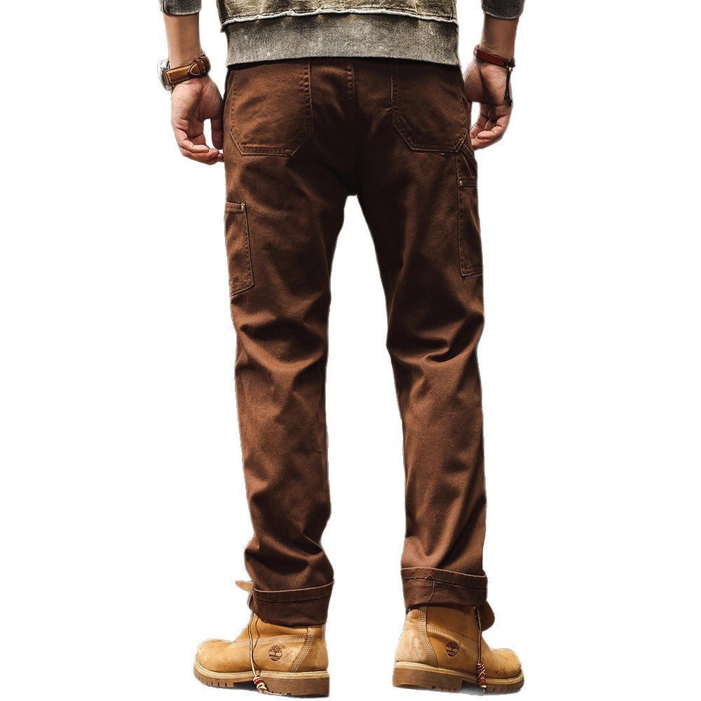 Retro Coffee-colored Denim Straight-leg Casual Trousers TRENDFLOW