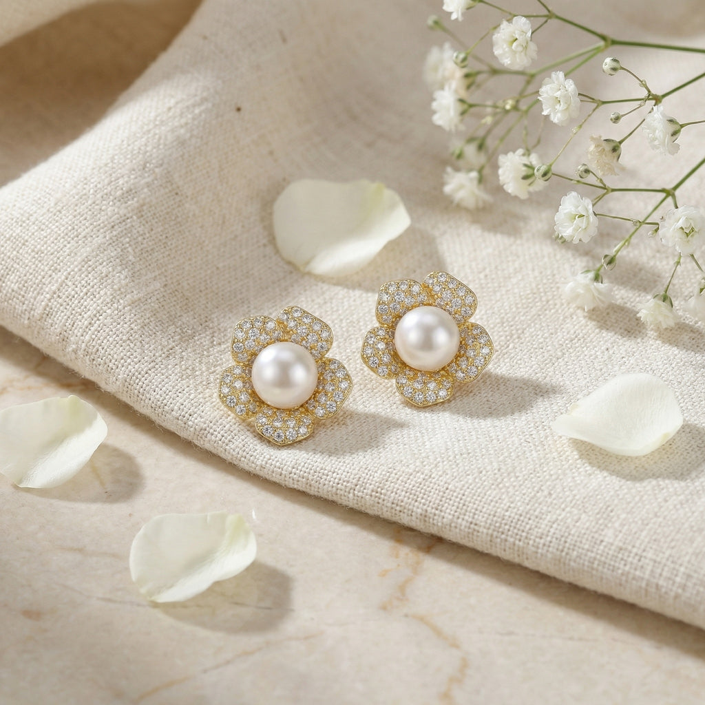 925 Sterling Silver Elegant Flower-Shaped Cultured Pearl and Sparkling Cubic Zirconia Stud Earrings