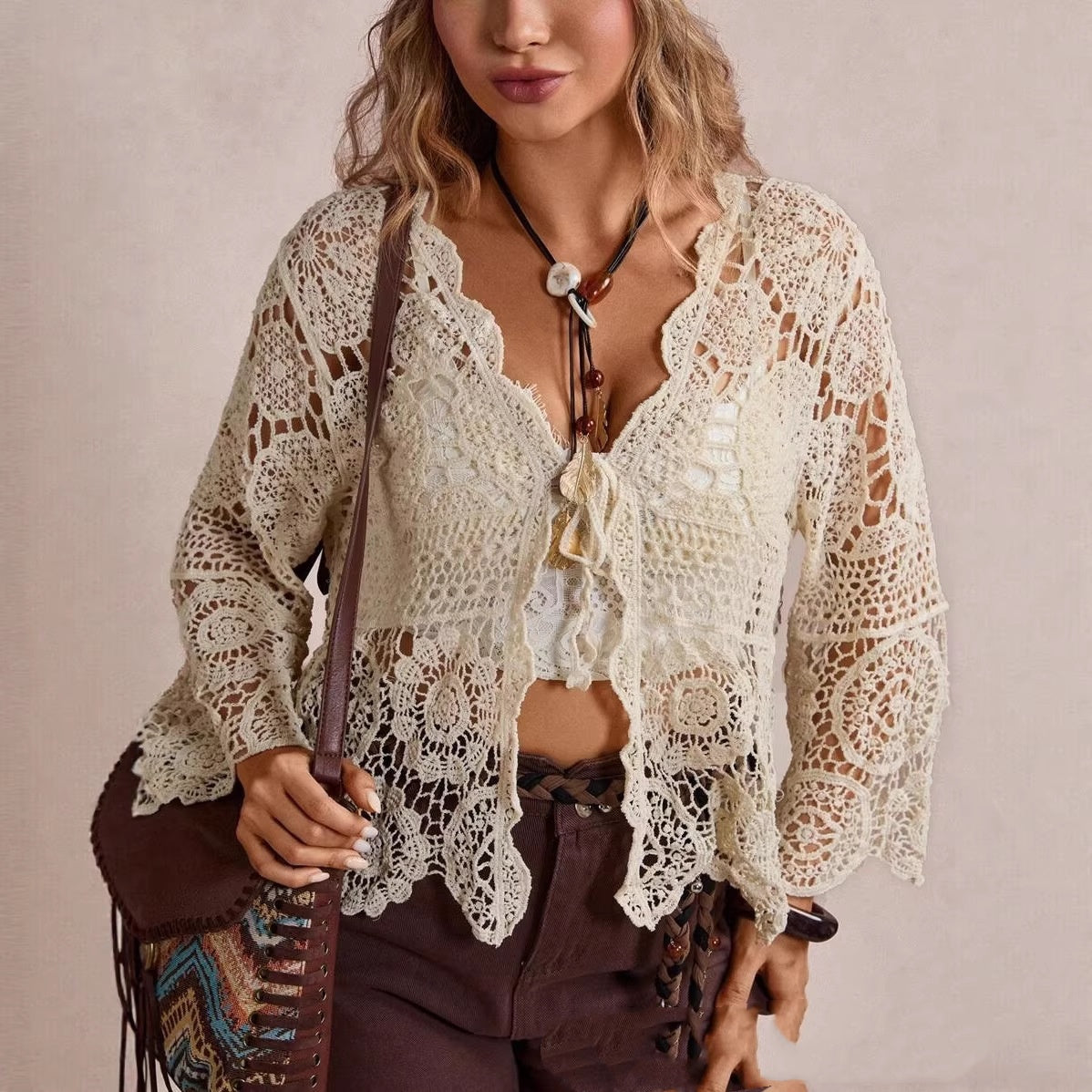 Bohemian Cutout Crochet Lace Sun-Protective Blouse
