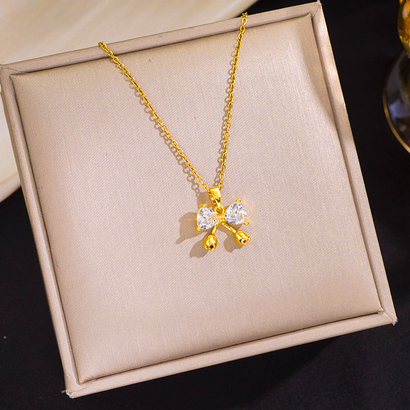 Womens Diamond-studded Titanium Steel Necklace With A Bow Design