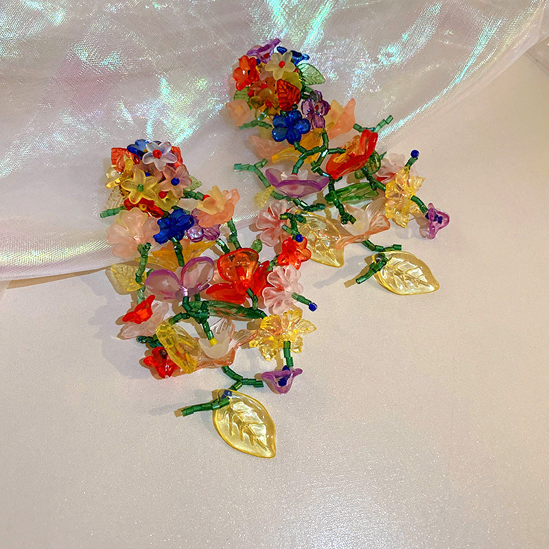 Colorful Flower Dangle Earrings For Women 925 Sterling Silver Post Statement Floral Acrylic Beaded Long Drop Earrings Fashion Jewelry