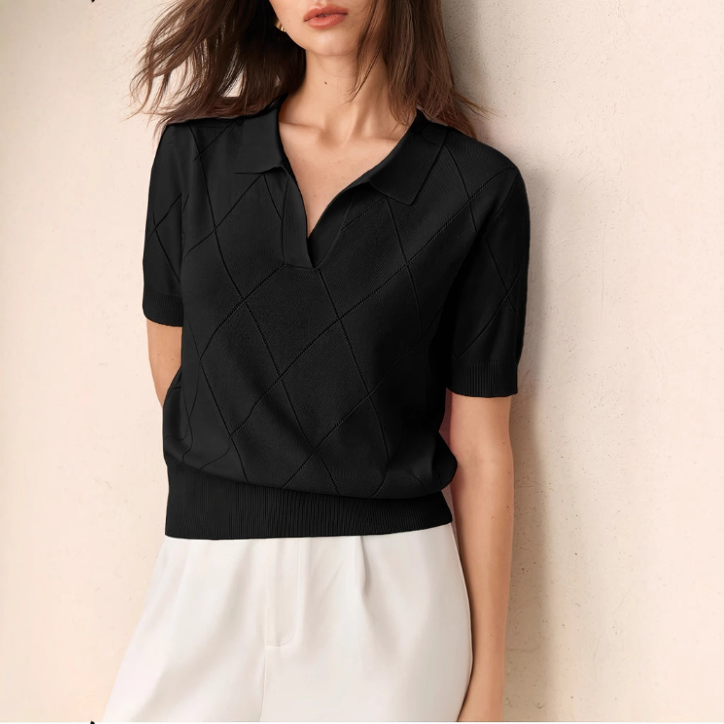 Maglione da donna a maniche corte con collo alto e lavorazione a rombi