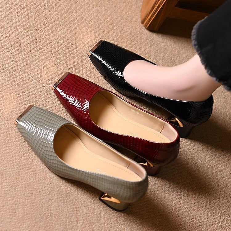 Women's French-style Snake-pattern Chunky-heel Versatile Soft-soled Leather Shoes