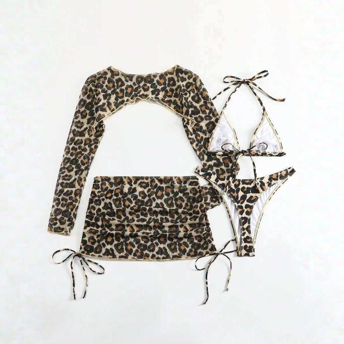 European And American Leopard-Print Lace-Up Sexy Two-Piece Four-Piece Swimsuit