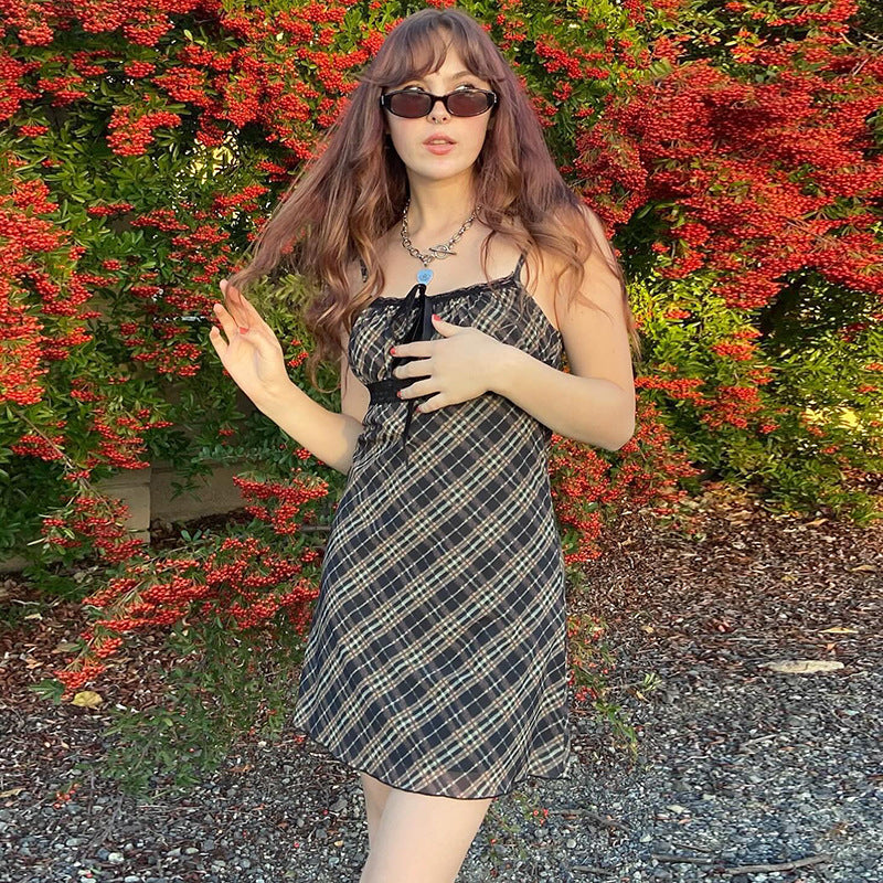 Halter-neck Plaid Slip Dress