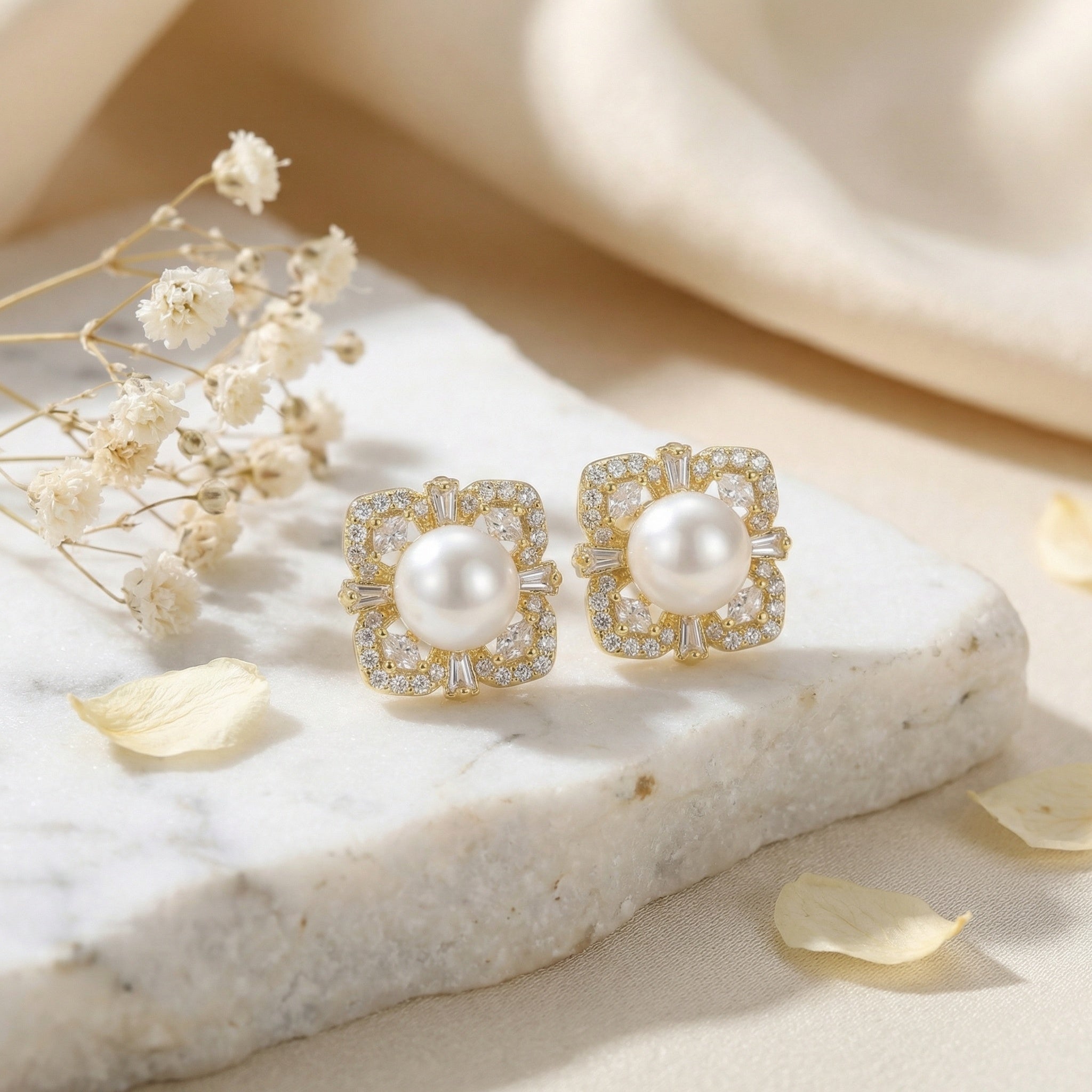 925 Sterling Silver Elegant Lustrous Pearl Studs with Ornate Geometric Gemstone Halo Frame