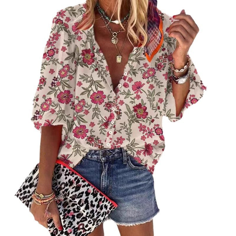 Loose-fit Button-up Retro Print Casual Shirt