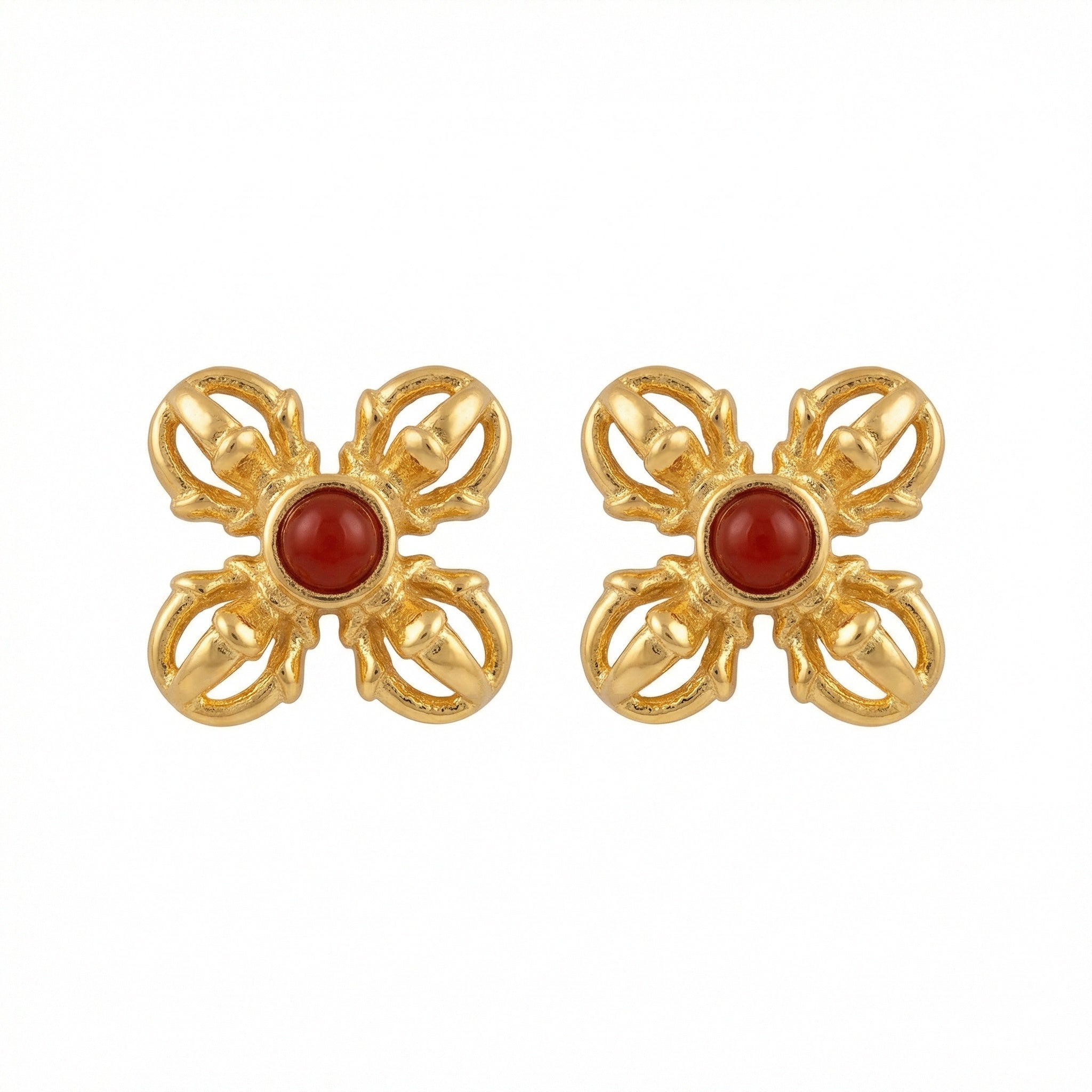 925 Sterling Silver Ornate Gilded Double Vajra Stud Earrings with Vibrant Red Gemstone Accents