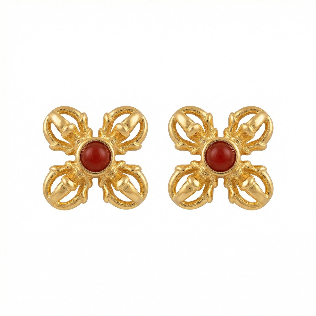 925 Sterling Silver Ornate Gilded Double Vajra Stud Earrings with Vibrant Red Gemstone Accents