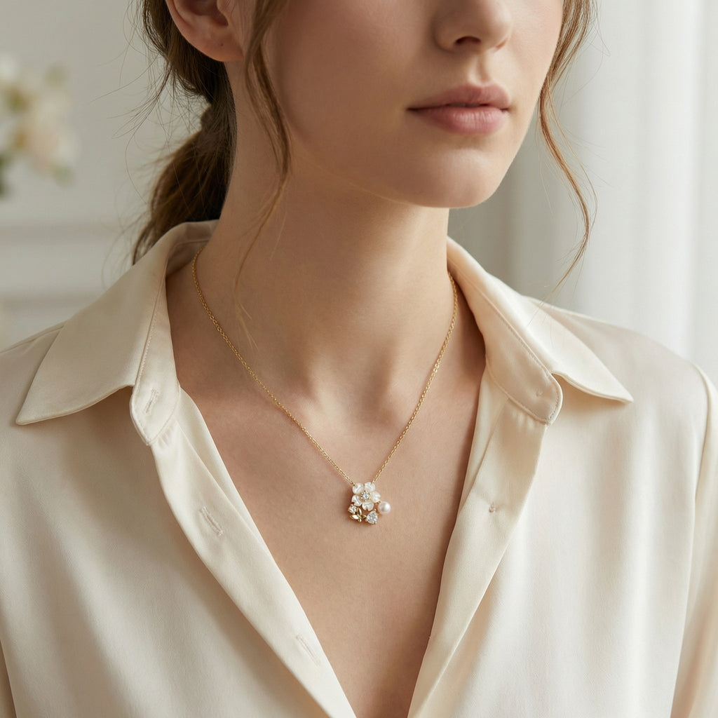925 Sterling Silver Elegant Mother of Pearl Flower Pendant Necklace with Pearl and Butterfly Charm