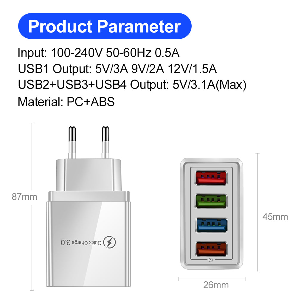 Caricabatterie USB Quick Charge 3.0 4 Adattatore per telefono per tablet Caricabatterie portatile da parete Caricabatterie rapido