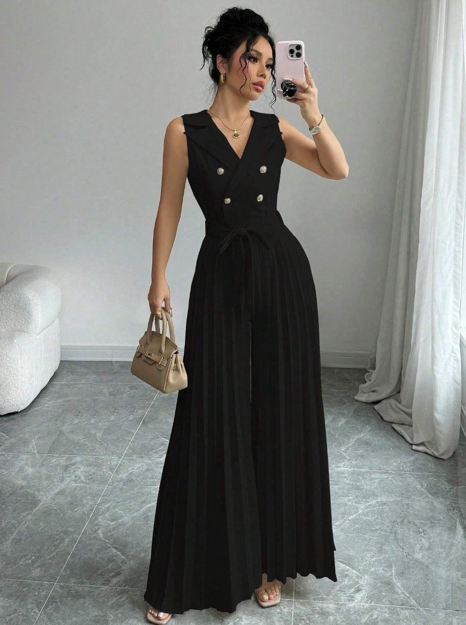 Suit Collar Bow Tie Belted Waist Pleated Jumpsuit