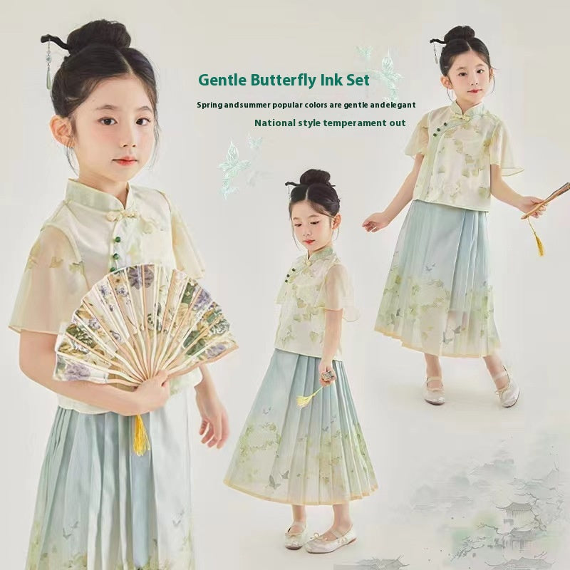 Girls Chinese Style Traditional Short Sleeve Horse-face Skirt Kids Clothes Two-piece Suit