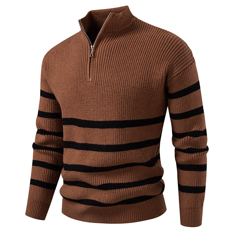 Oversize Zip-up Half-turtle Neck Color-block Striped Sweater For Men