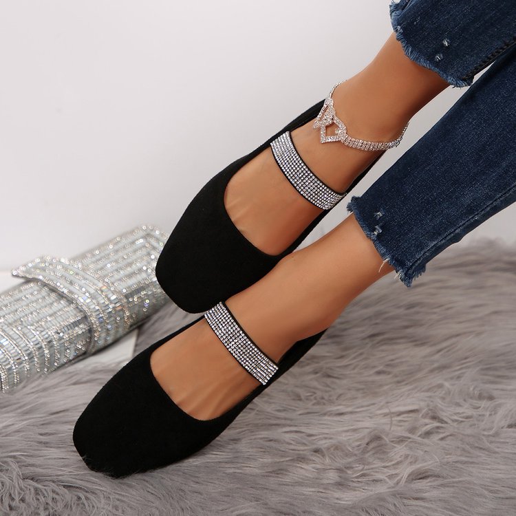 Women's Rhinestone Square-toe Shallow-mouth Suede Flat Shoes