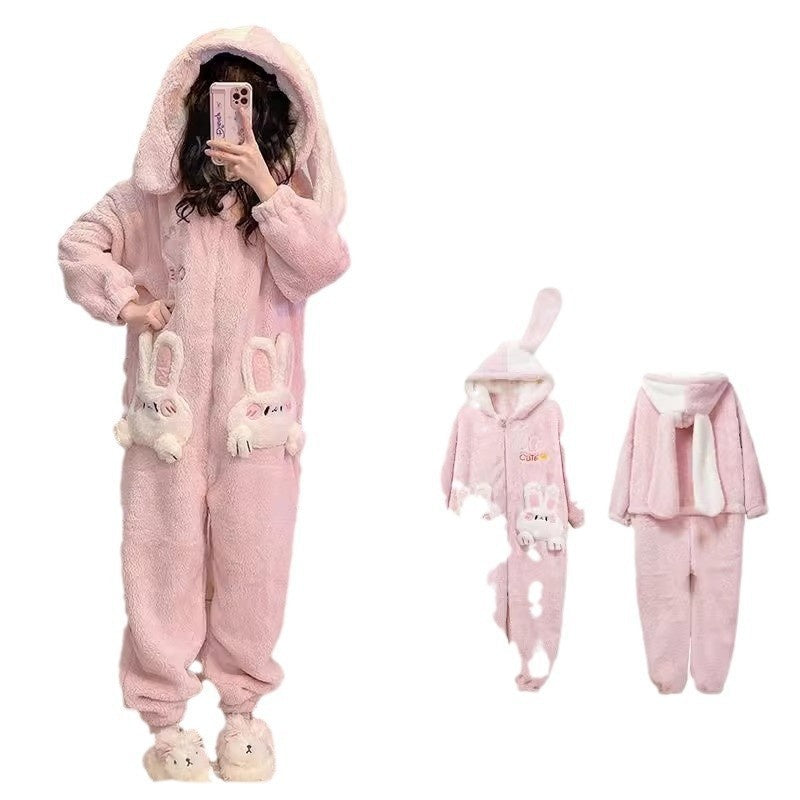 Women's Thickened Coral Fleece Winter Cute Bunny Pajamas