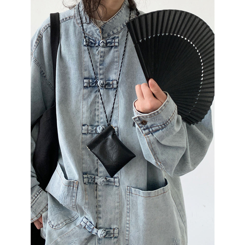 Retro Frog-Button Denim Shirt Unisex Stand-Up Collar Casual Jacket
