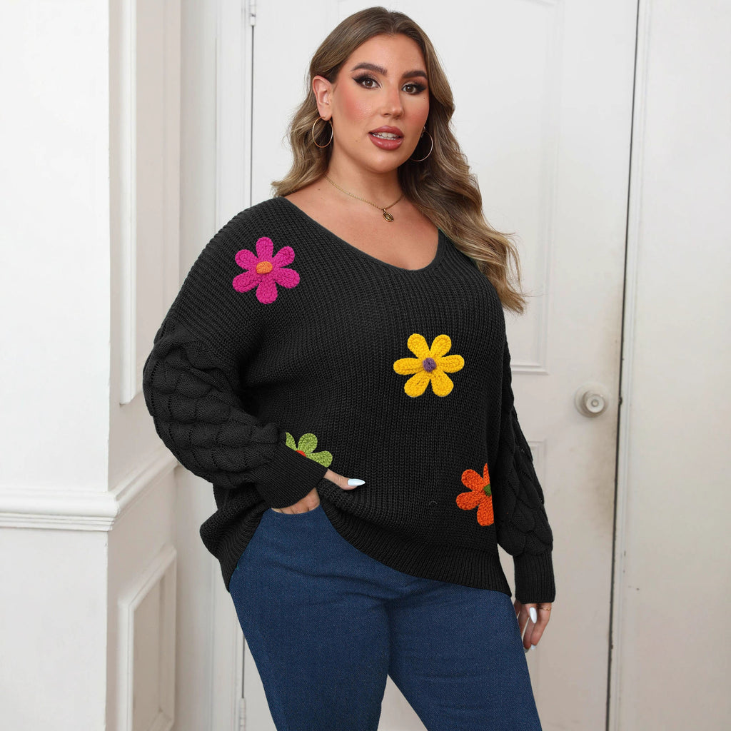 Plus-size Women's Sweater Pineapple Sleeve Patch Base Shirt 3D Wool Embroidery Flowers