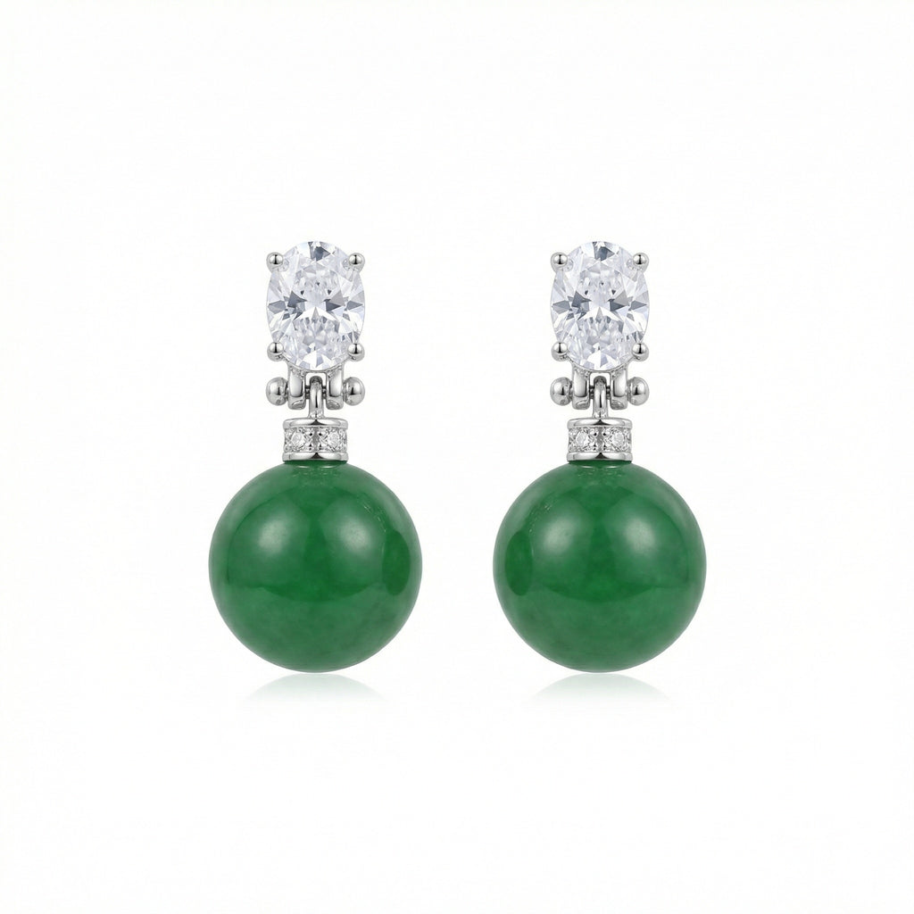 925 Sterling Silver Elegant Green Jade Drop Earrings with Sparkling Oval Gemstone Accents