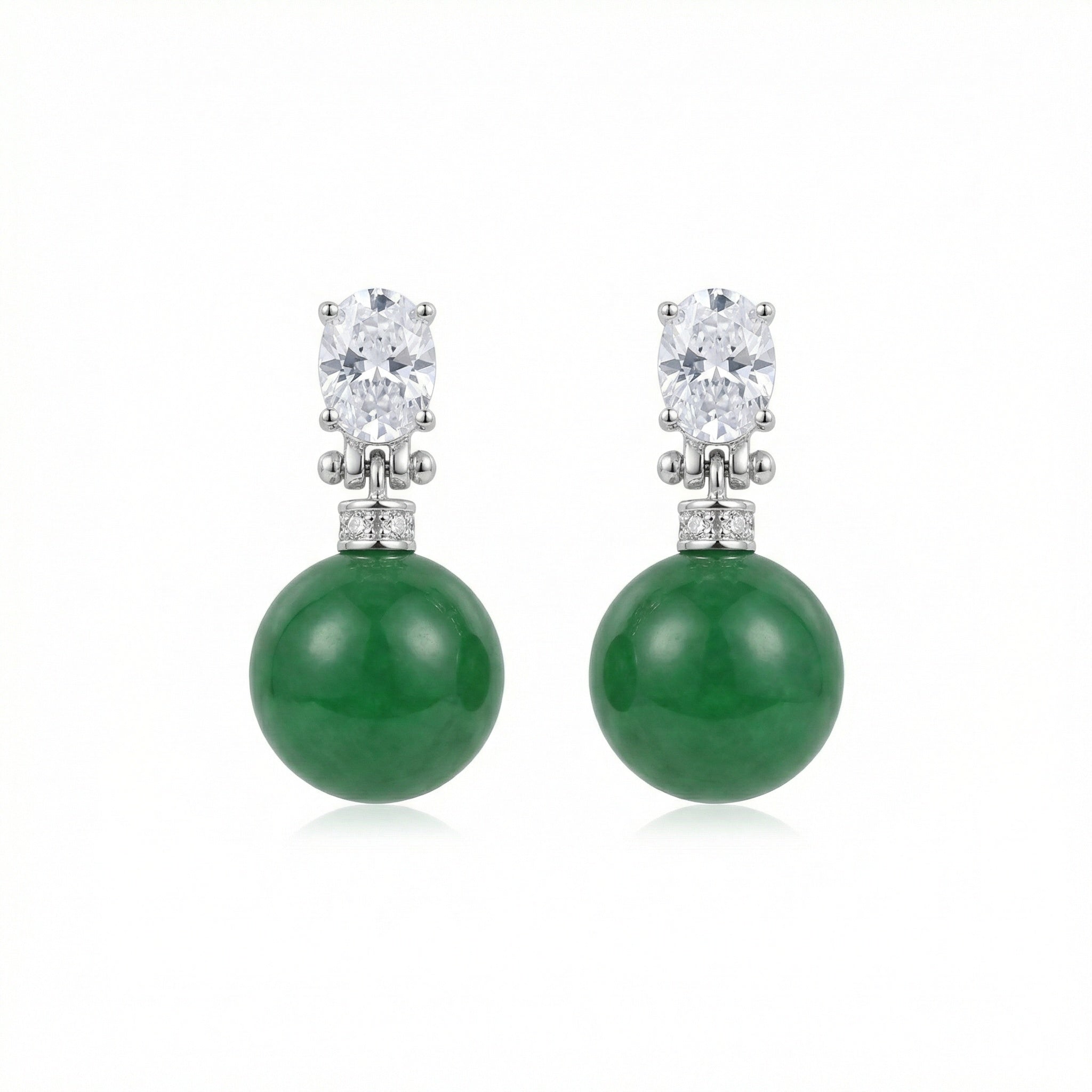 925 Sterling Silver Elegant Green Jade Drop Earrings with Sparkling Oval Gemstone Accents