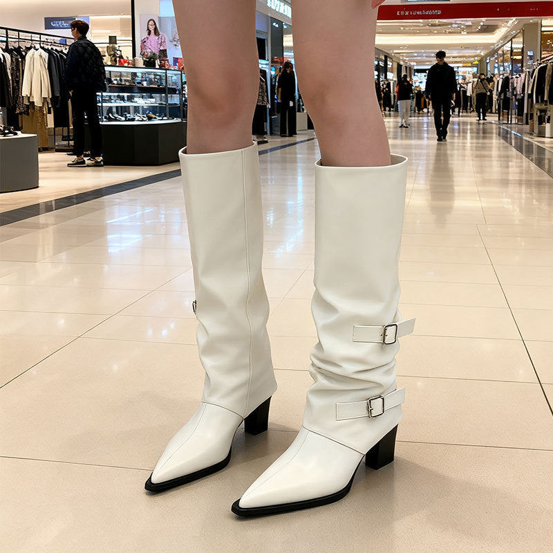 Women's Niche-design Leather-buckle High-rise Riding Boots