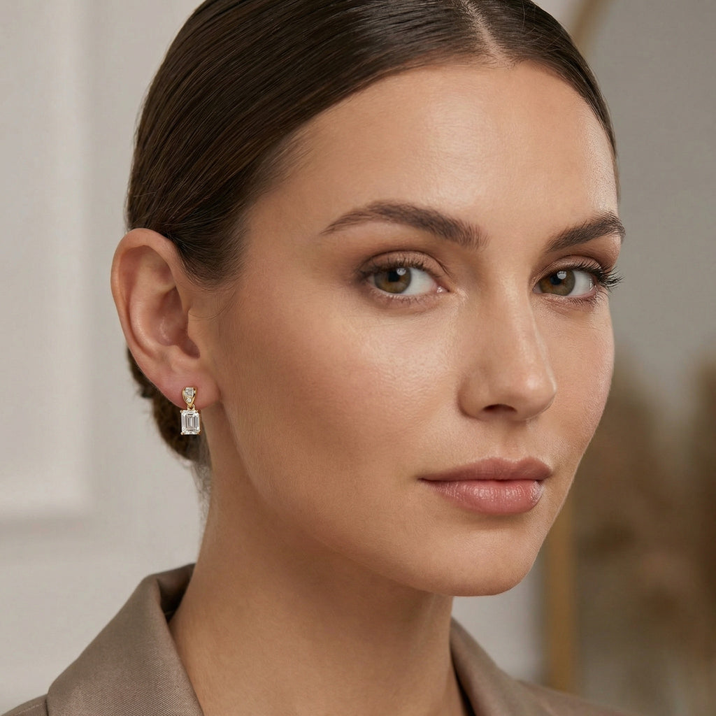 925 Sterling Silver Elegant Emerald-Cut Crystal Drop Earrings with Baguette Accents