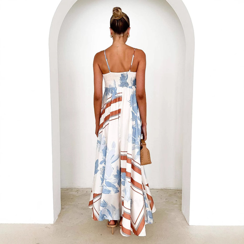 Women's Fashion Printed Backless Sling Large Swing High Waist Dress