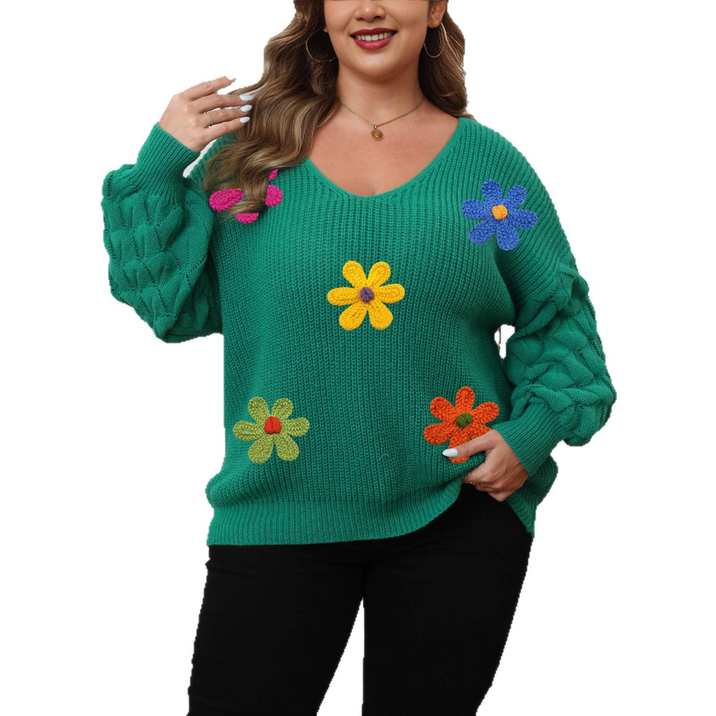 Plus-size Women's Sweater Pineapple Sleeve Patch Base Shirt 3D Wool Embroidery Flowers