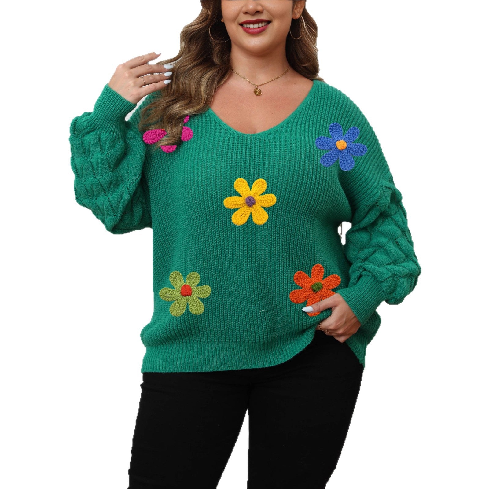 Plus-size Women's Sweater Pineapple Sleeve Patch Base Shirt 3D Wool Embroidery Flowers