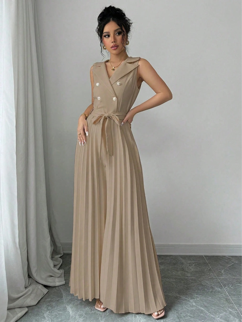 Suit Collar Bow Tie Belted Waist Pleated Jumpsuit