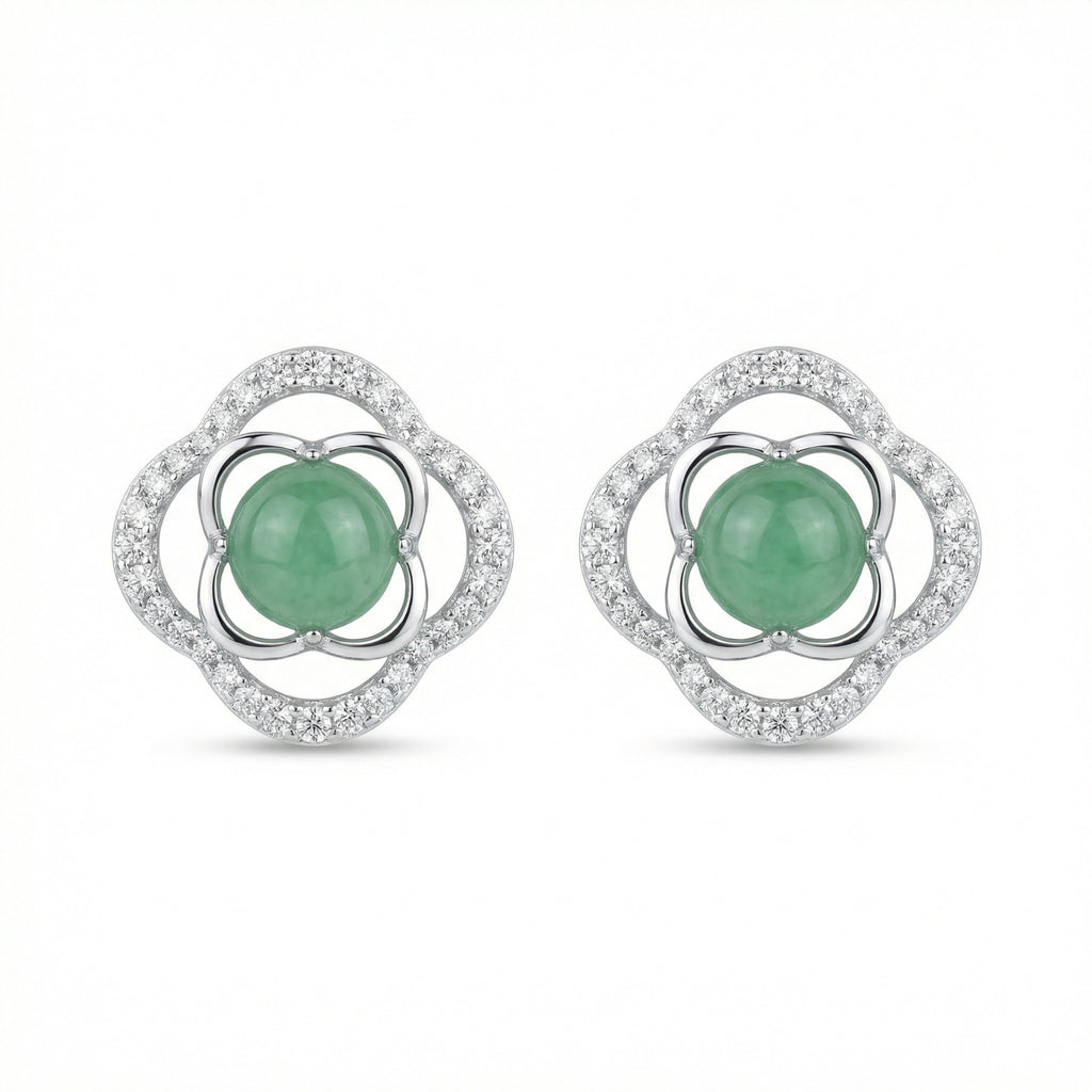 925 Sterling Silver Elegant Green Jadeite Clover Stud Earrings with Sparkling White Accents in Polished White Metal