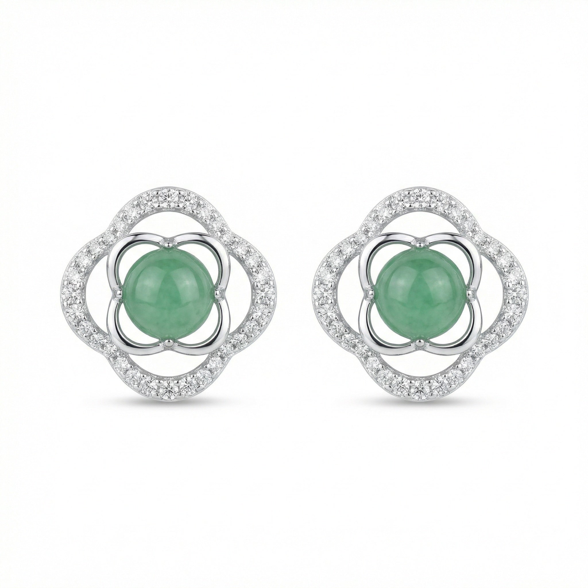 925 Sterling Silver Elegant Green Jadeite Clover Stud Earrings with Sparkling White Accents in Polished White Metal