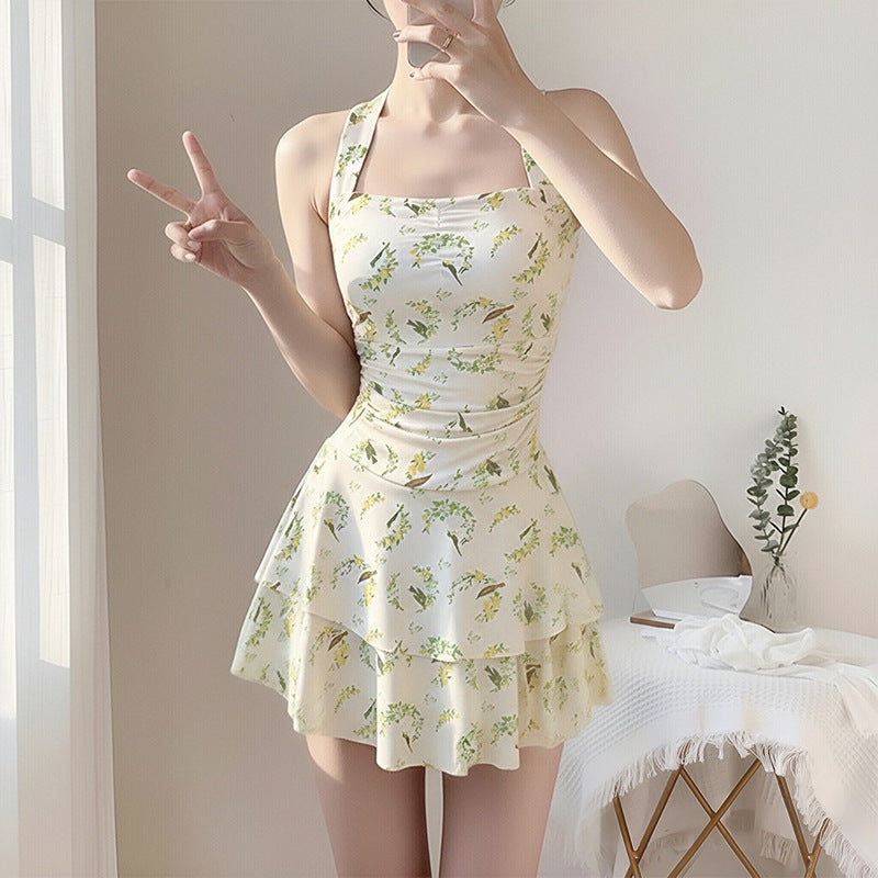 Womens Printed Halterneck Backless Bandage One-Piece Swimsuit