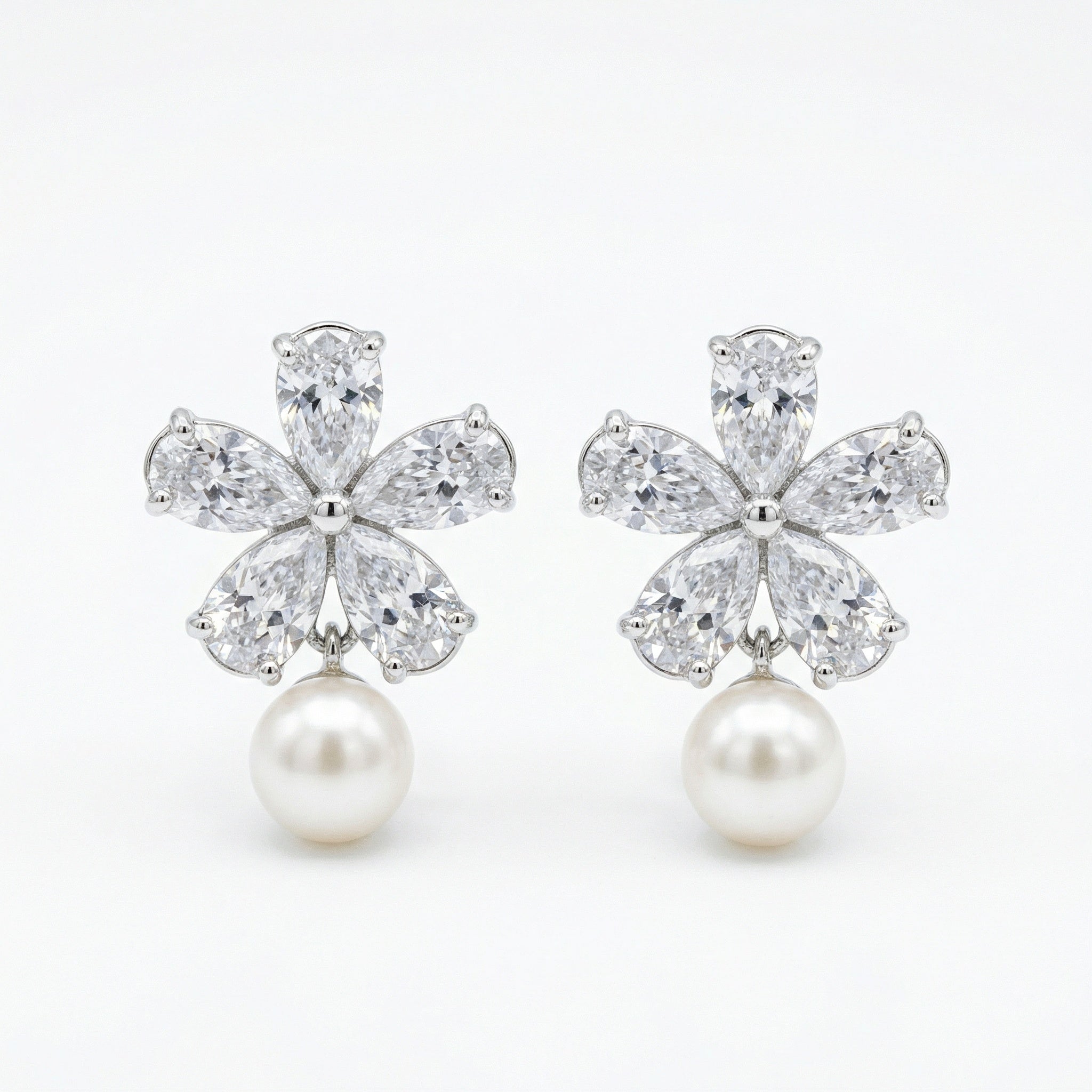 925 Sterling Silver Elegant Pear-Cut Crystal Flower and Pearl Drop Earrings