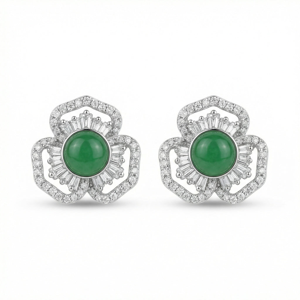 925 Sterling Silver Elegant Green Gemstone Flower Stud Earrings with Shimmering Baguette and Round Accents
