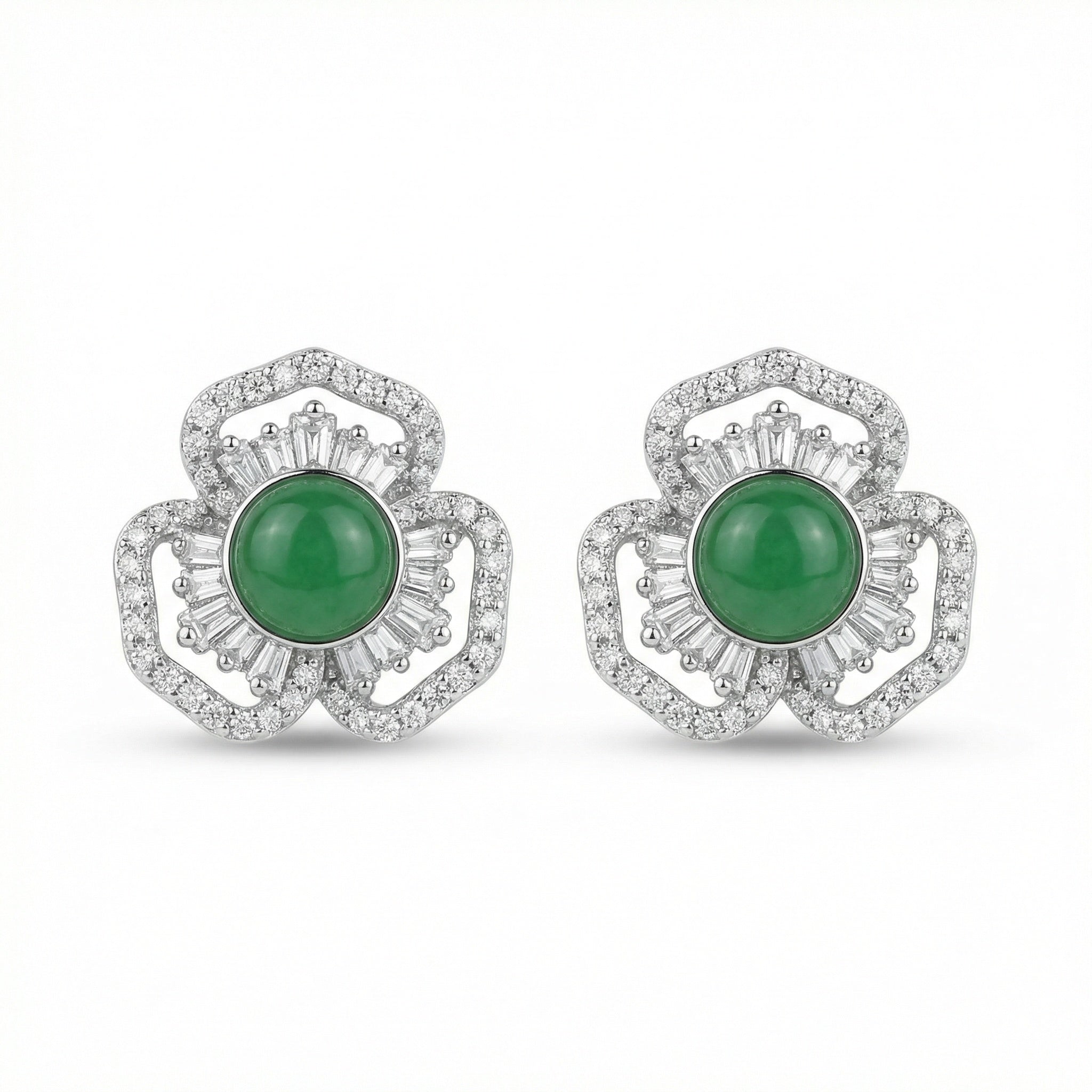 925 Sterling Silver Elegant Green Gemstone Flower Stud Earrings with Shimmering Baguette and Round Accents