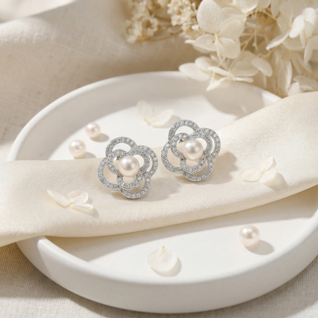 925 Sterling Silver Exquisite Pearl and Pave-Set Crystal Floral Stud Earrings in Silver