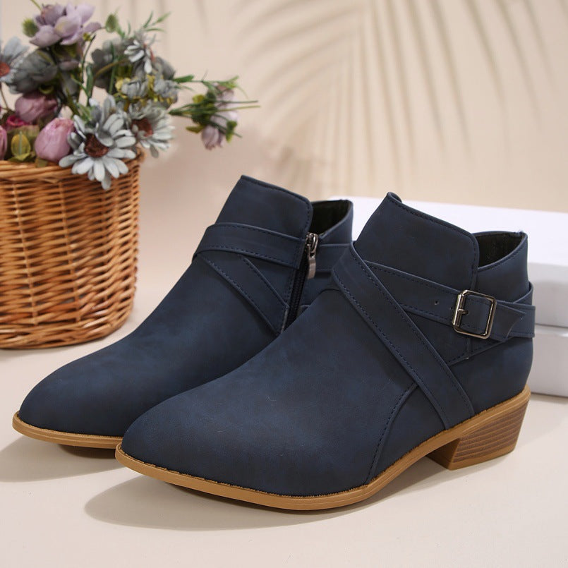 Fashionable Chunky-Heel Leather Belt-Clasp Side-Zip Ankle Boots