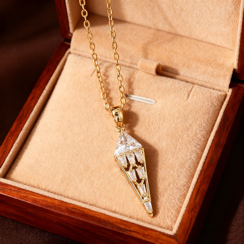 Womens Diamond-Shaped Triangle Zircon Titanium Steel Necklace