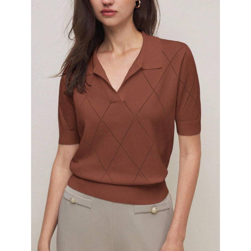 Women's Polo-Neck Diamond-Knit Short-Sleeve Pullover