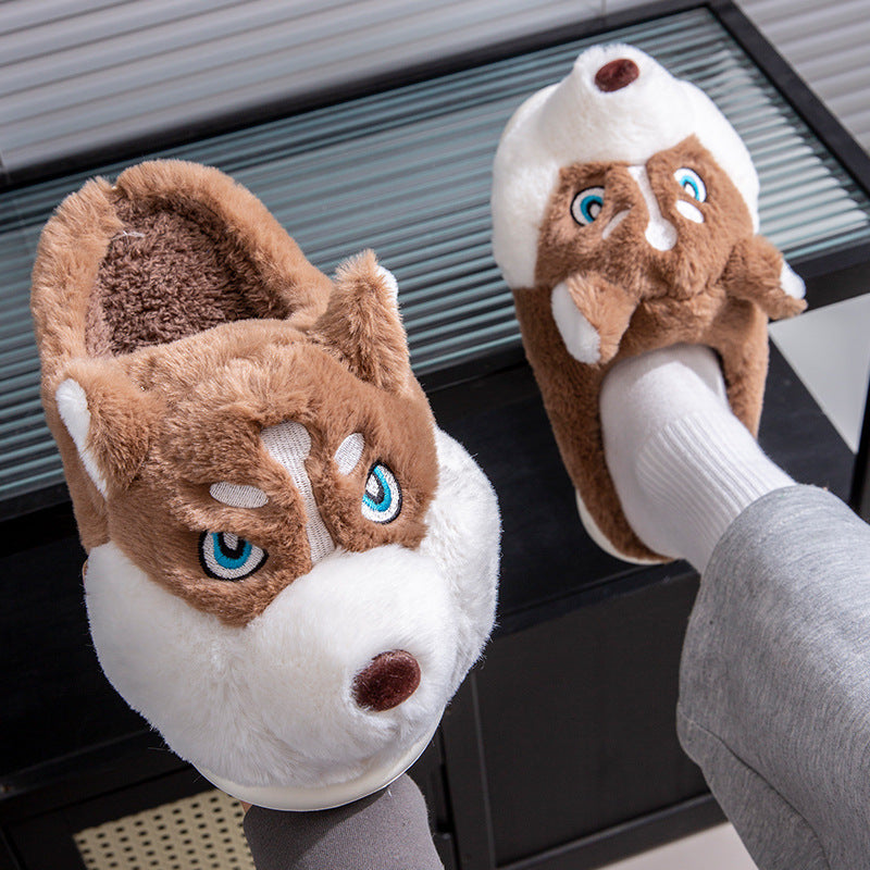 Cute Husky Cartoon Pure Cotton Slippers Men's Style Warm Indoor Slippers For Winter Home Use