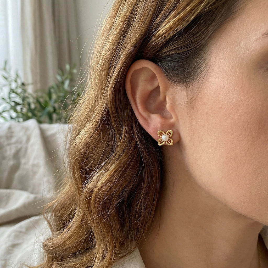 925 Sterling Silver Elegant Pearl and Textured Floral Stud Earrings for Women