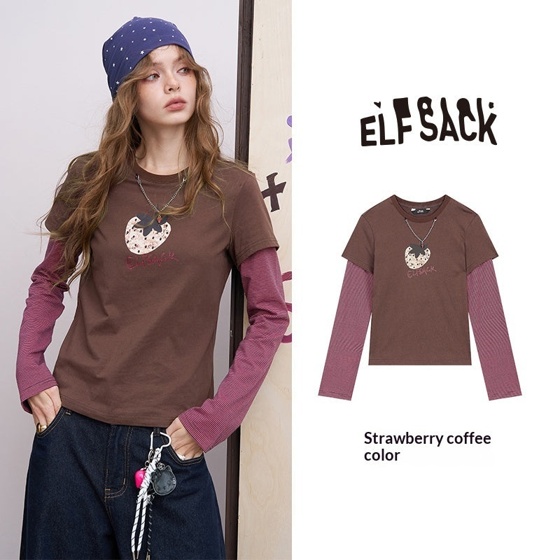 Berry Heart Berry Lung False Two-Piece Retro Strawberry Print Long Sleeve T-Shirt Women's Design Sense Top