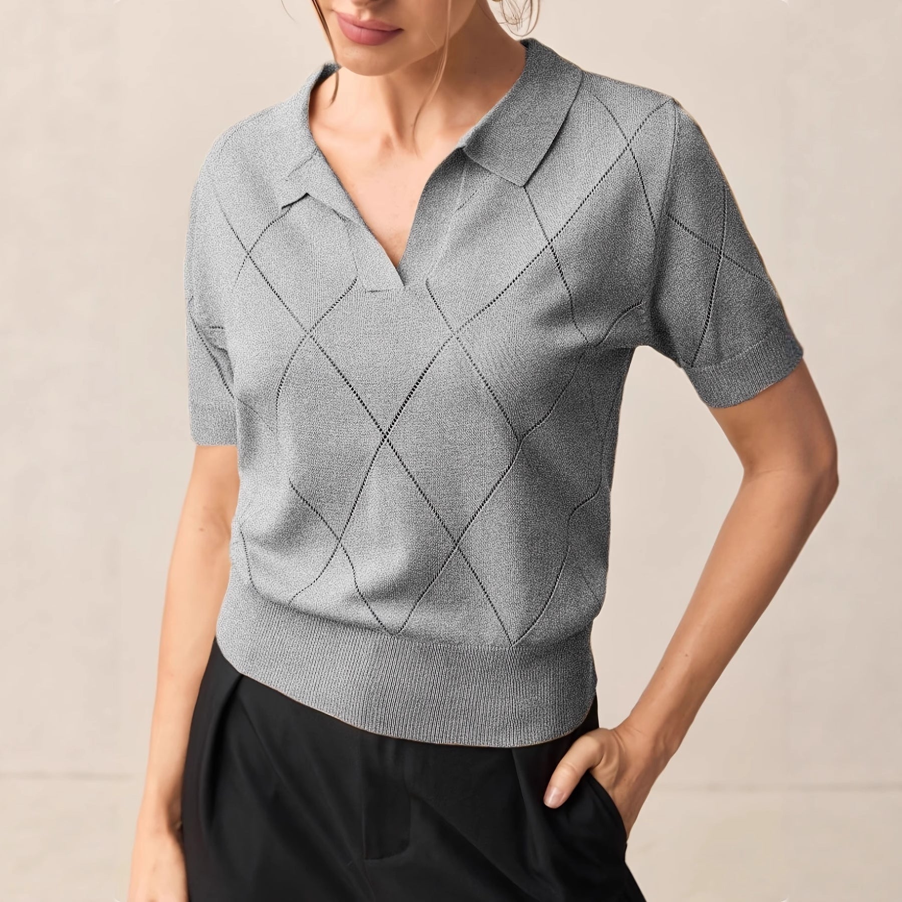 Women's Polo-Neck Diamond-Knit Short-Sleeve Pullover