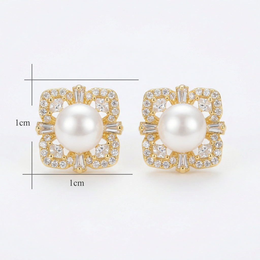 925 Sterling Silver Elegant Lustrous Pearl Studs with Ornate Geometric Gemstone Halo Frame