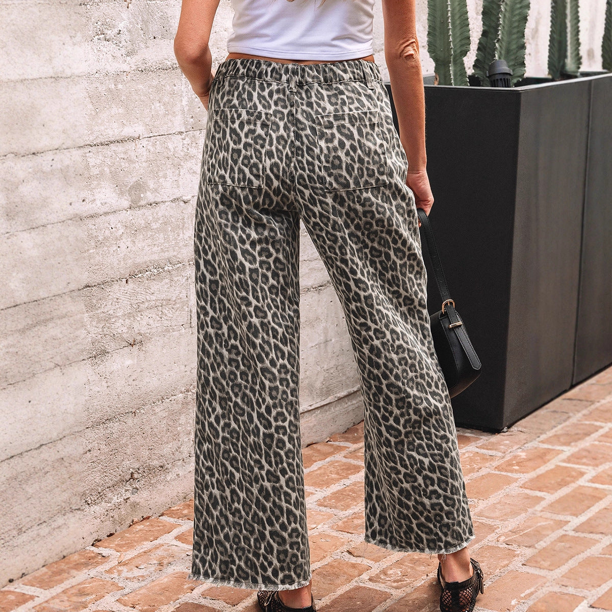 Retro High-waisted Jeans Leopard Print Zip-rolled Hem Wide-leg Pants