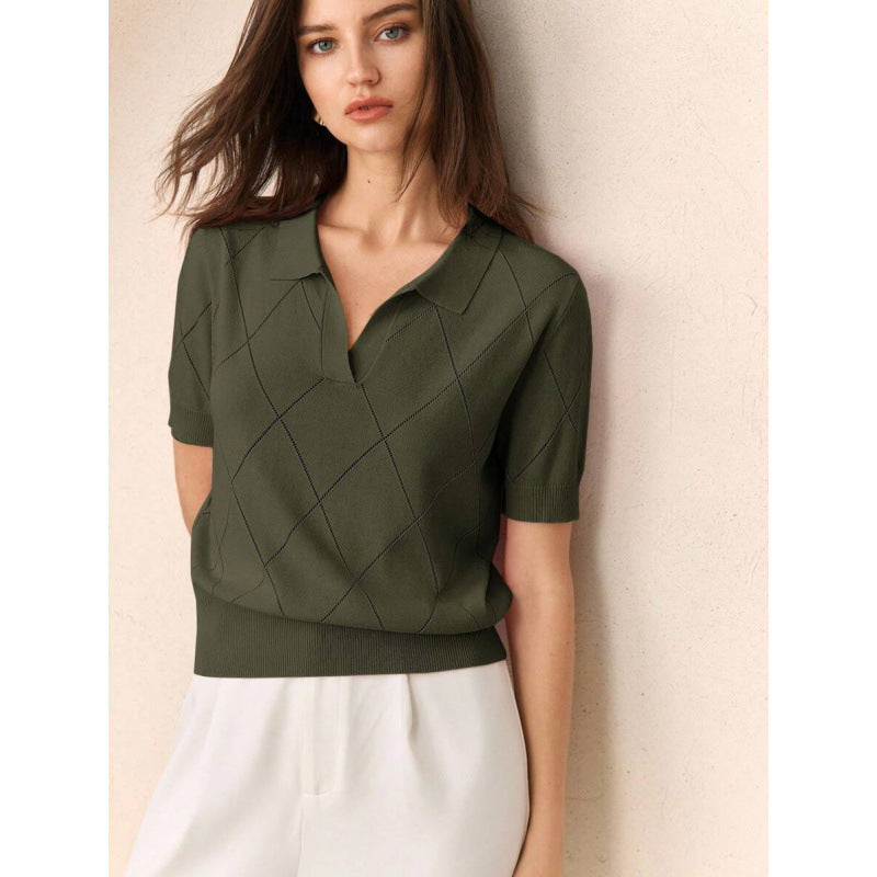 Women's Polo-Neck Diamond-Knit Short-Sleeve Pullover